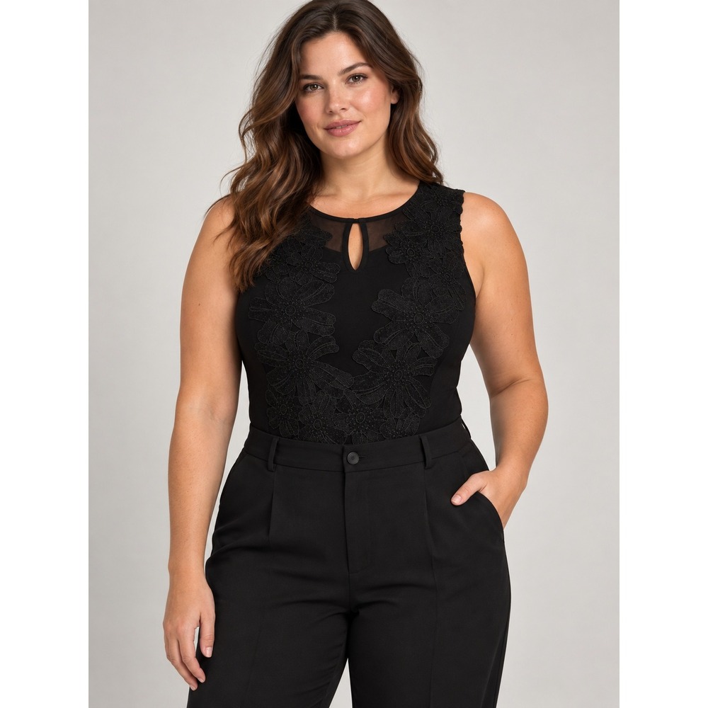 Haute Monde Floral Applique Mesh Bodysuit Women Size L Black Sleeveless Goth